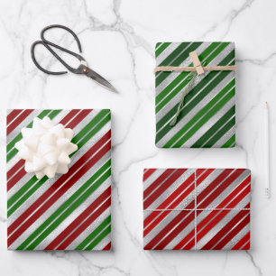 Feiertagsrot, Silber und Grün Weihnachtsstreifen Geschenkpapier Set