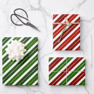 Feiertagsrot, Weiß und Grün Weihnachtsstreifen Geschenkpapier Set