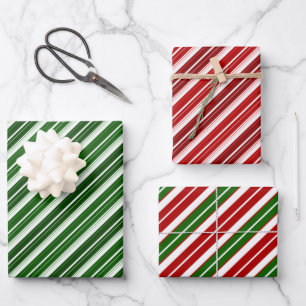 Feiertagsrot, Weiß und Grün Weihnachtsstreifen Geschenkpapier Set
