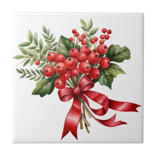 Feiertagsrote-Beeren-Blumen-Keramikfliese Fliese (Vorderseite)