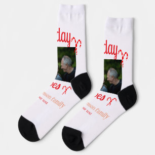 Feiertagsstimmung rote Familienfoto Name Süßigkeit Socken