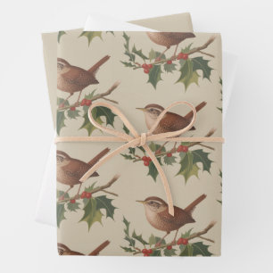 Feiertagsvogel Zaunkönig auf Stechpalmenzweig Weih Geschenkpapier Set