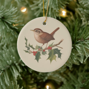 Feiertagsvogel Zaunkönig auf Stechpalmenzweig Weih Keramik Ornament