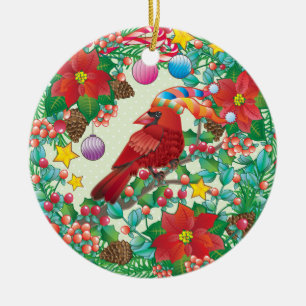 FeiertagWreath mit rotem Kardinals-Vogel Keramik Ornament
