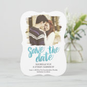 Fein Enthüllte Save The Date Karte Türkis (Stehend Vorderseite)