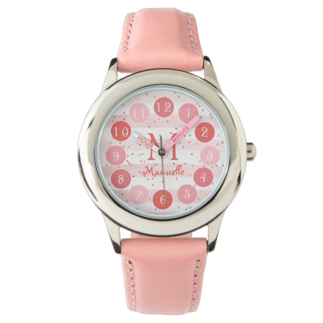 Fein rosa Glitzer Monogram Girl-Geschenk Armbanduhr (Vorderseite)