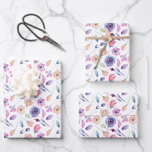 Fein rosa und Lila Florals Geschenkpapier Set (Vorderseite)
