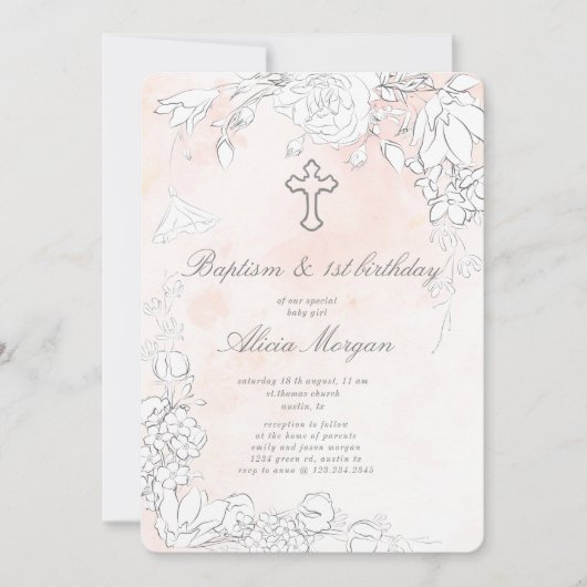 Feine Blütenblütentaufe und erster Geburtstag Einladung (Vorderseite)