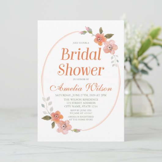 Feine Blütendusche Orange Bridal Einladung (Stehend Vorderseite)