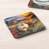 Feine Kunst-Rooster-Hühnerfarm Untersetzer (Linke Seite)