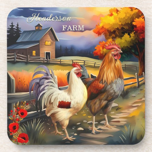 Feine Kunst-Rooster-Hühnerfarm Untersetzer (Vorderseite)
