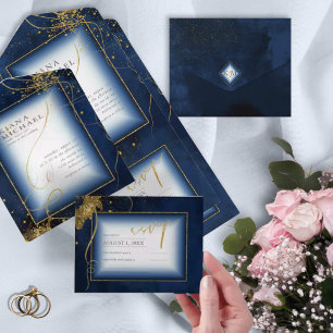 Feine Linien Gold Abstrakt Hochzeit V3 Navy ID867 All In One Einladung