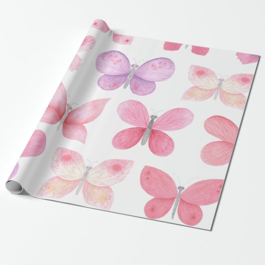 Feine rosa Schmetterlinge Geschenkpapier (Ungerollt)