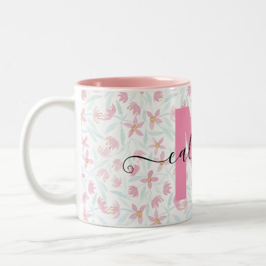 Feine rosafarbene grüne Wildblumen Blumenwasser Zweifarbige Tasse (Links)