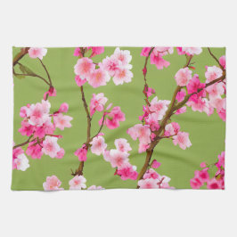 Feine rosafarbene Kirschblüten auf der grünen Kart Geschirrtuch
