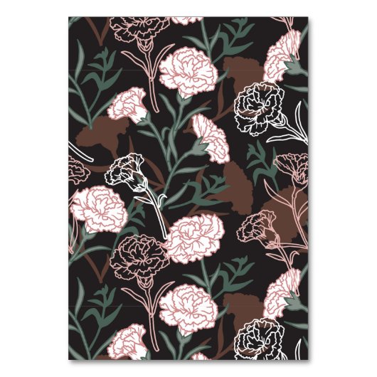 Feine rosafarbene Nelken mit grünen Blätter Tischnummer (Vorderseite)