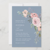 Feine Rose | Dusty Blue Wedding Einladung (Vorderseite)