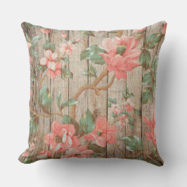 Feine Vintage Rosa Blumengrün-Blätter auf Holz Kissen