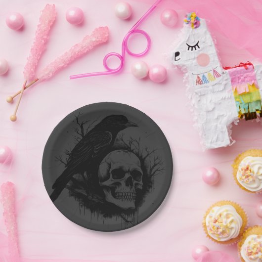 Feiner Schädel und Krähe schwarz graues Halloween Pappteller (Party)