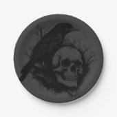 Feiner Schädel und Krähe schwarz graues Halloween Pappteller (Vorderseite)
