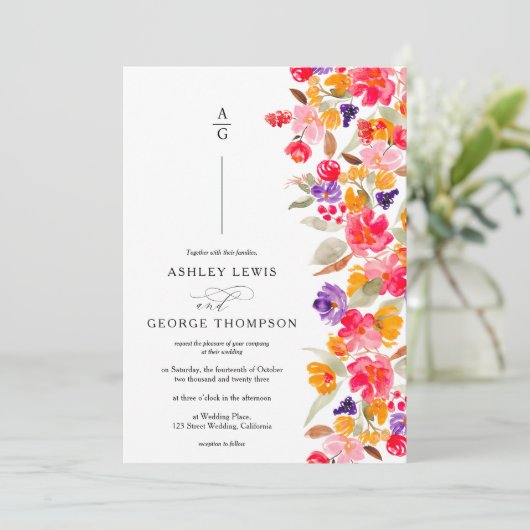 Feines, elegantes, florales Foto Hochzeit Einladung (Stehend Vorderseite)