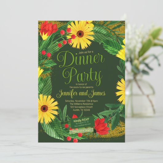 Feines, hellgrünes Rot-Gelb-Blumen Abendessen Part Einladung (Stehend Vorderseite)