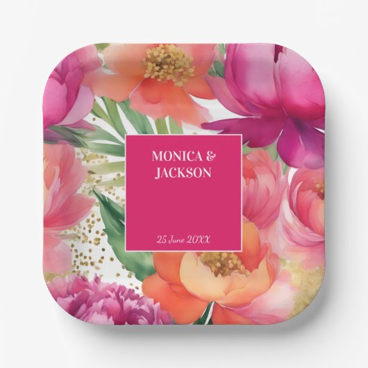 Feines rosa orangefarbenes Hochzeitsgeschirr Pappteller (Vorderseite)