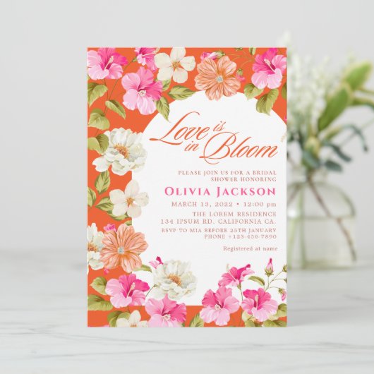 Feines rosa und orangefarbenes, florales, lebhafte einladung (Stehend Vorderseite)