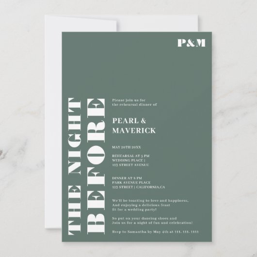 Feines schlichtes Salbeigrün Hochzeitsessen Probe Einladung (Vorderseite)