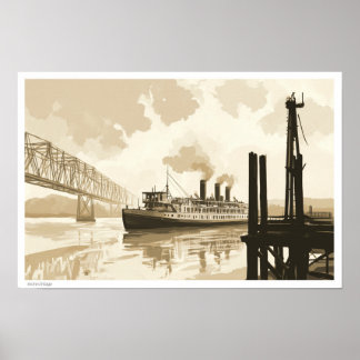 FEINKUNSTILLUSTRATION FLUSSSCHIFF-LANDSCHAFT POSTER