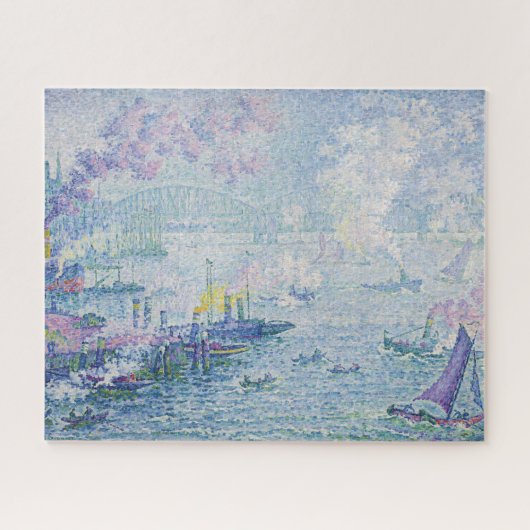 Feinmalerei Meereshafen Schiffe Brücke Hellblau Puzzle (Horizontal)