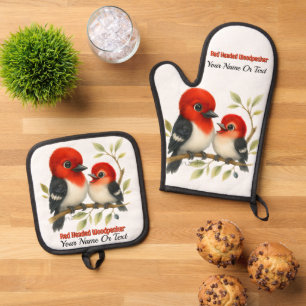 Feisty Red-kopfender Woodpecker Ofenhandschuh & Topflappen-Set