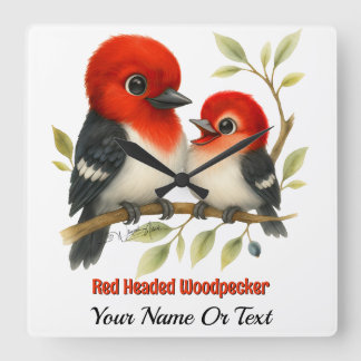 Feisty Red-kopfender Woodpecker Quadratische Wanduhr