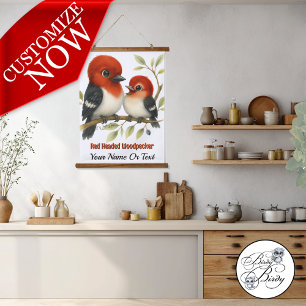 Feisty Red-kopfender Woodpecker Wandteppich Mit Holzrahmen