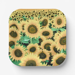 Feld aus goldgelben Sonnenblumen  Pappteller