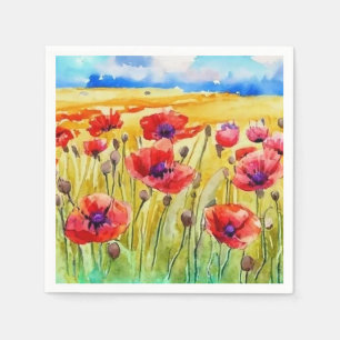 Feld der hellen Scharlachroten Poppies Aquarell Serviette