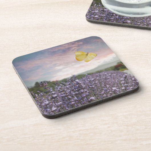 Feld der Lavendel-Blume, Blauer Himmel, rosa Sonne Getränkeuntersetzer (Linke Seite)