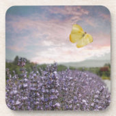 Feld der Lavendel-Blume, Blauer Himmel, rosa Sonne Getränkeuntersetzer (Vorderseite)