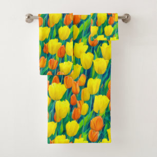Feld der orangen und gelben Tulpen Badhandtuch Set