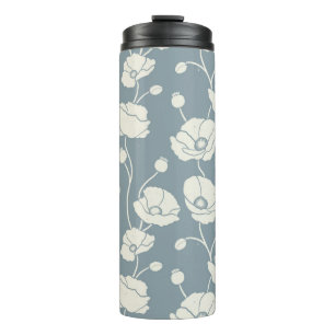 Feld der Poppies Creme auf blau Thermosbecher