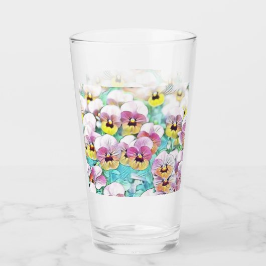 Feld der rosa, gelben und weißen Stiefmütterchen Glas (Vorderseite)