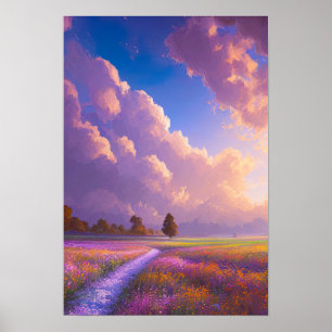Feld der rosa und violetten Blumen Poster