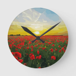 Feld der roten Mohnblumen mit Sonnenaufgang Runde Wanduhr