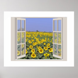 Feld der Sonnenblumen durch ein offenes Fenster be Poster
