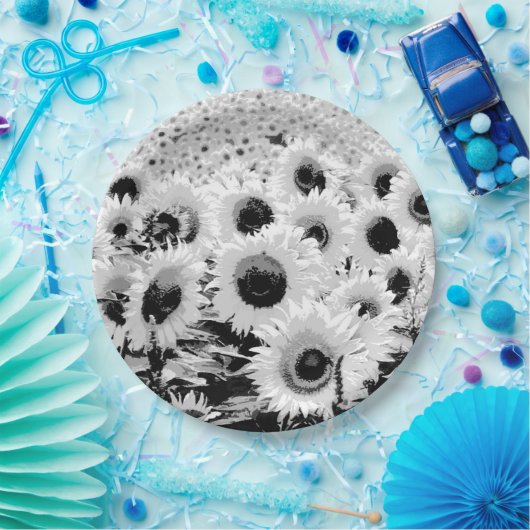 Feld der Sonnenblumen - schwarz, weiß und grau Pappteller (Party)