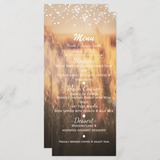 Feld der Weizenrustikalen Hochzeitsmenü Menükarte (Vorne/Hinten)