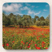 Feld mit Blume und Bäumen Getränkeuntersetzer (Vorderseite)