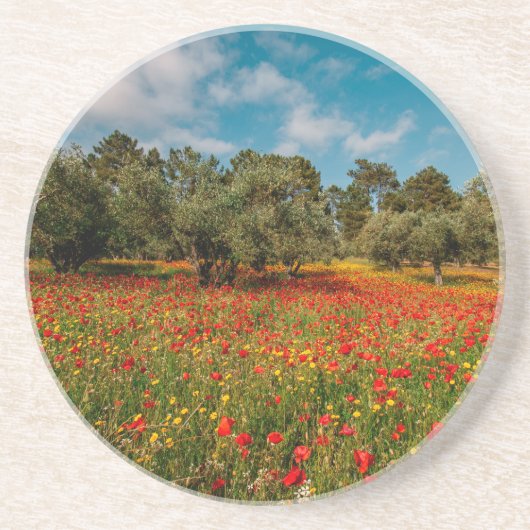 Feld mit Blume und Bäumen Getränkeuntersetzer (Vorne)