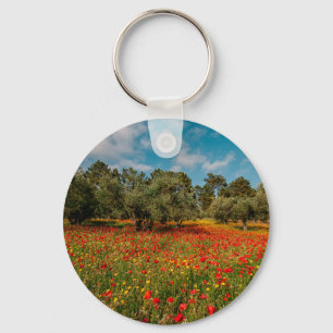 Feld mit Blume und Bäumen Schlüsselanhänger