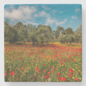 Feld mit Blume und Bäumen Steinuntersetzer (Vorderseite)